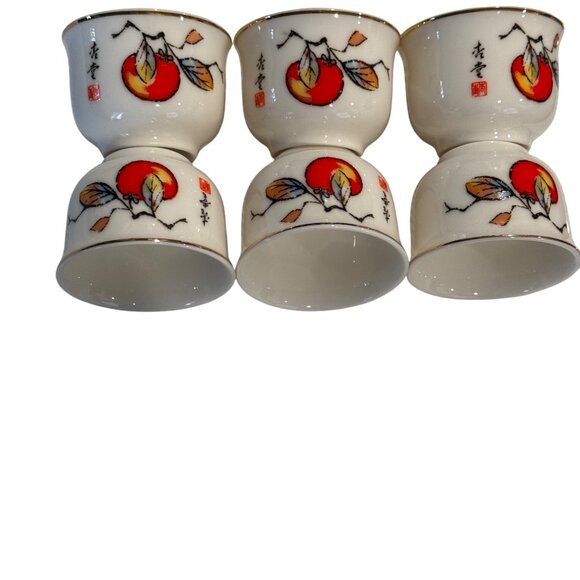 Snow Bone China Chinese Sake Cups Vintage Asian Orange Red White Gold Set Of 6 - Picture 2 of 8